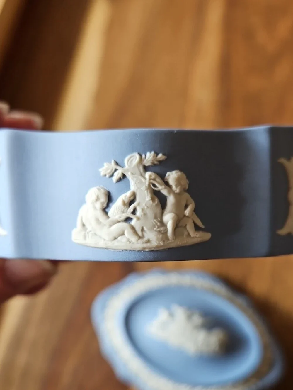 Wedgwood Jasperware Blue & White Neoclassical Long Lidded Trinket Dish Vessel